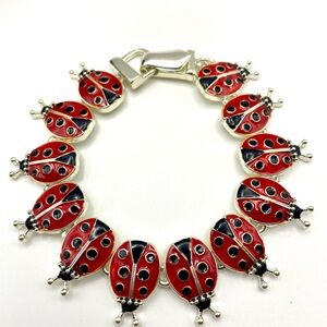 Red and Black Enamel Silver ToneLadybug Bracelet with Magnetic Closure. 7 inches